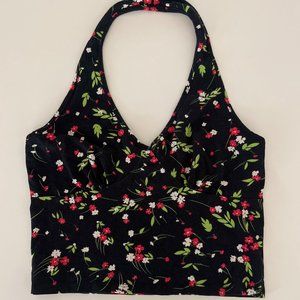 Black Halter Crop Top w/ Red & White Roses - Size L